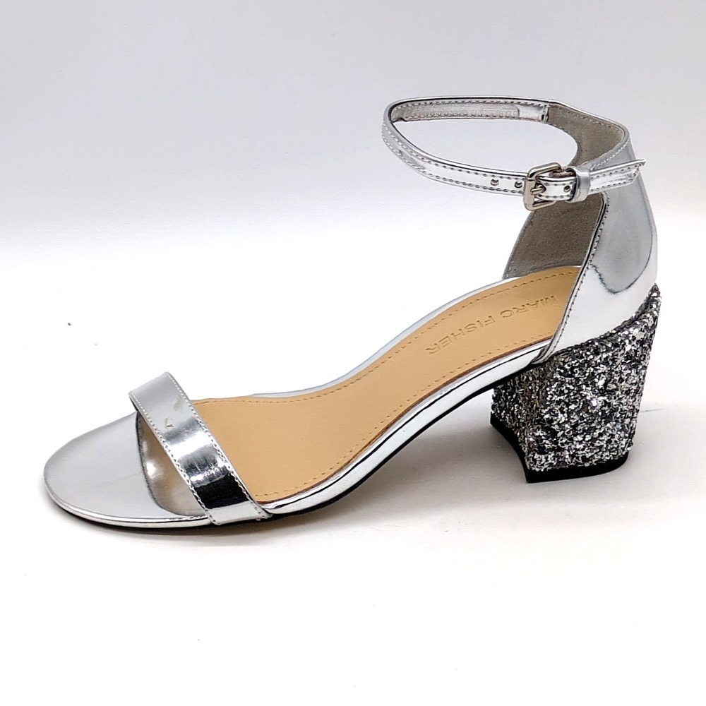 Marc Fisher Shoes Womens Safia Silver 5 Ankle Strap Sandals Glitter Heel NEW